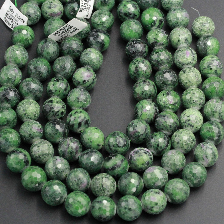 Large Faceted Natural Ruby Zoisite 16mm Round Beads Green Zoisite Gemstone 16" Strand