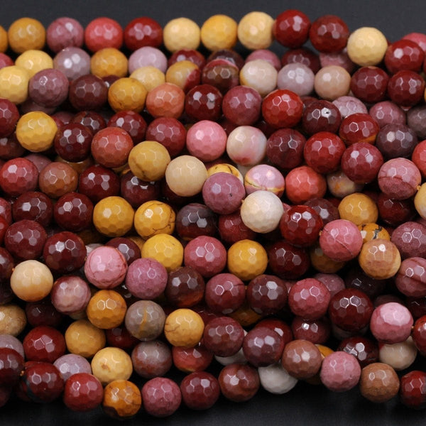 Faceted Natural Australian Mookaite Jasper Beads 4mm 6mm 8mm 12mm Faceted Sunset Colors Red Yellow Maroon Red Creamy White Full 16" Strand