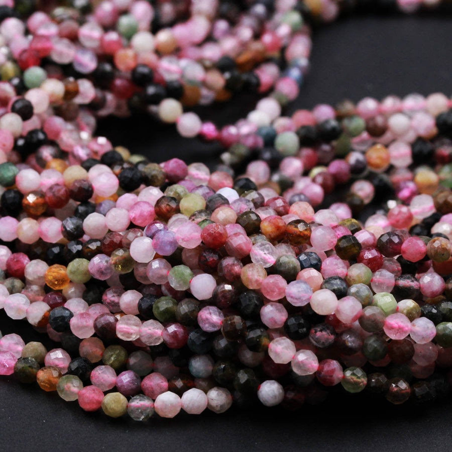 Micro Faceted Tiny Natural Multicolor Tourmaline Round Beads 3mm Faceted Round Beads 16" Strand
