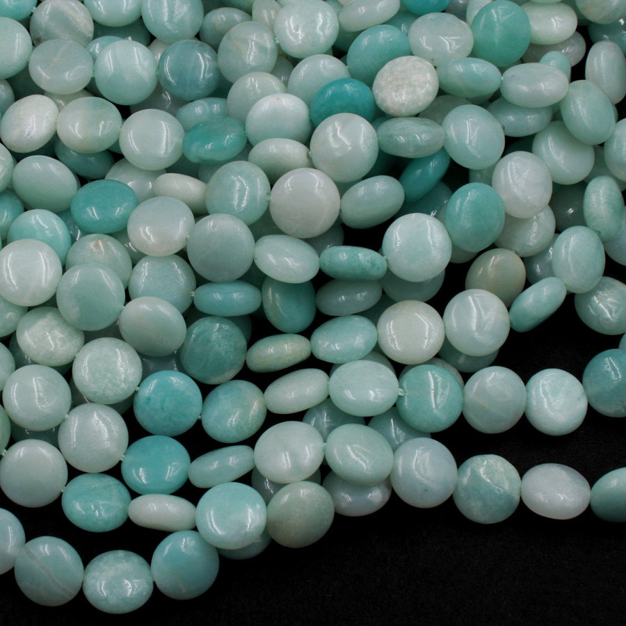 Natural Blue Amazonite 10mm Coin Round Beads Stunning Soft Sea Blue Green Stone High Quality Good For Earrings 16" Strand