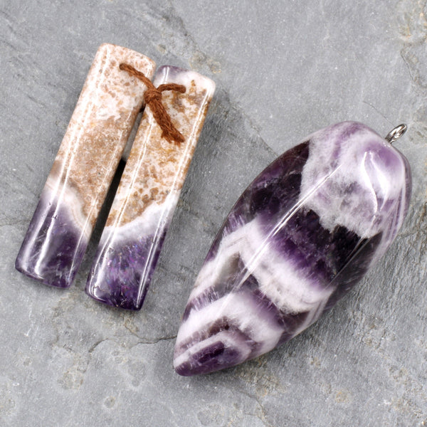Matching Set Gemstone Earring Pair with Pendant Chevron Amethyst Drop Pendant Rectangle Earring