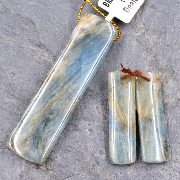Matching Set Gemstone Earring Pair with Pendant Natural Blue Calcite Rectangle Pendant with Earrings