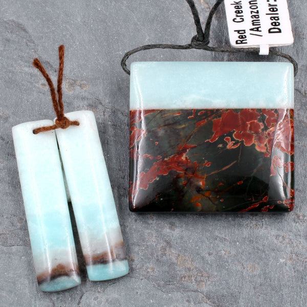 Matching Set Gemstone Earring Pair with Pendant Red Creek Jasper and Amazonite Rectangle Pendant with Earrings
