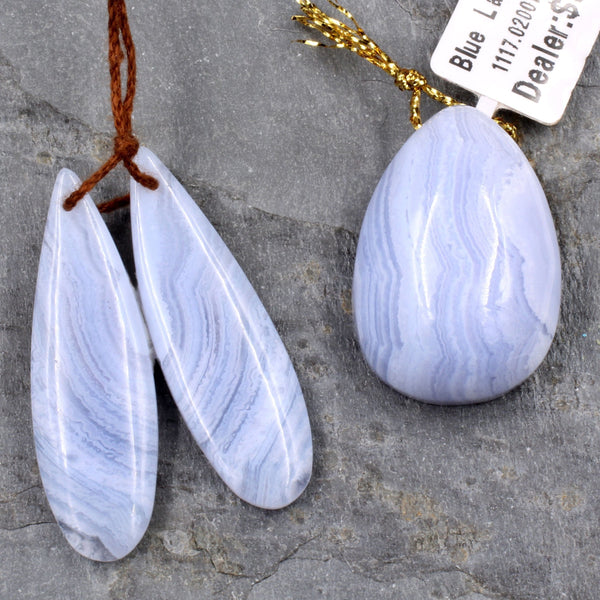 Matching Set Gemstone Earring Pair with Pendant Blue Lace Agate Teardrop Pendant AAA Gem Quality