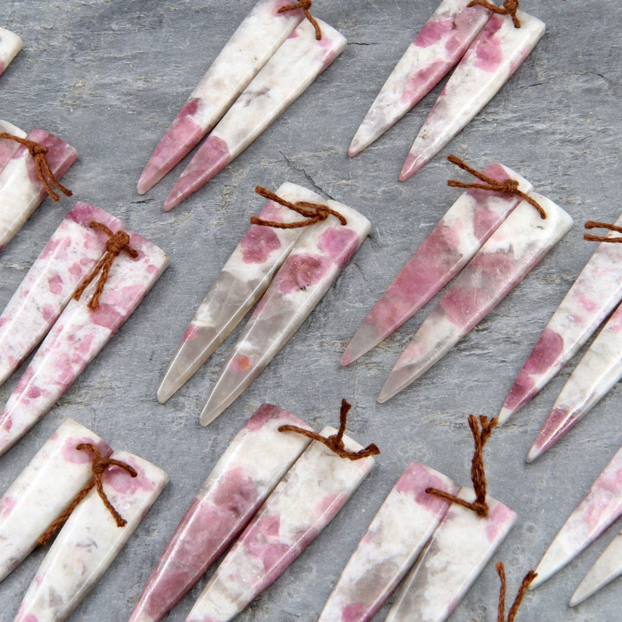 Natural Pink Tourmaline in Quartz Earring Pair Creative Modern Dagger Long Triangle Cabochon Cab Pair Drilled Matched Earring Pair