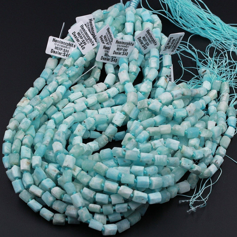Matte Natural Blue Hemimorphite Tube Nugget Raw Rough Frosty Organic Beads Faceted Rectangle Cylinder Baby Pastel Blue Gemstone 16" Strand