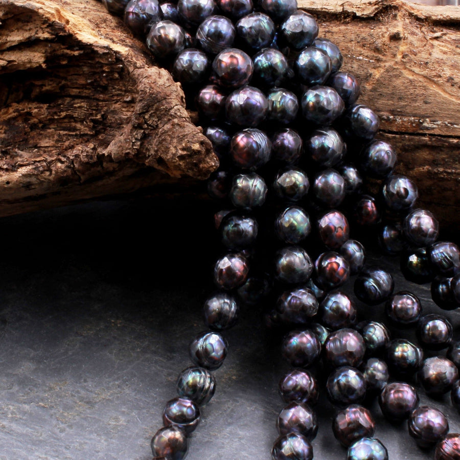 Large Faceted Genuine Freshwater Pearl Mystic Black Peacock Pearl 8mm Round Shimmery Iridescent Beads 16" Strand