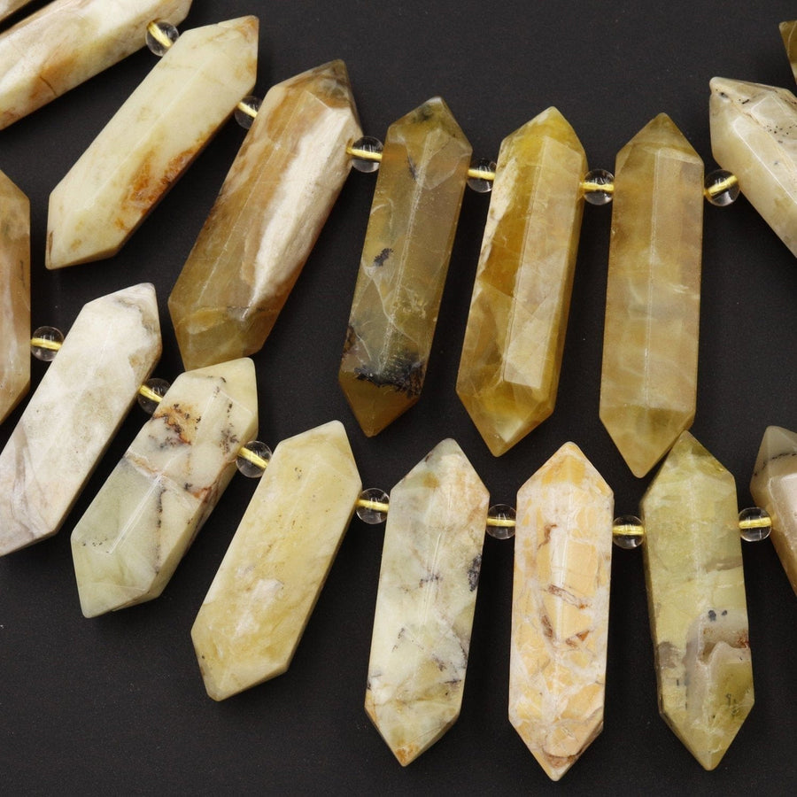Large Natural African Yellow Opal Beads Faceted Double Terminated Points Healing Focal Pendant Top Side Drilled Bicone Bullet 16" Strand