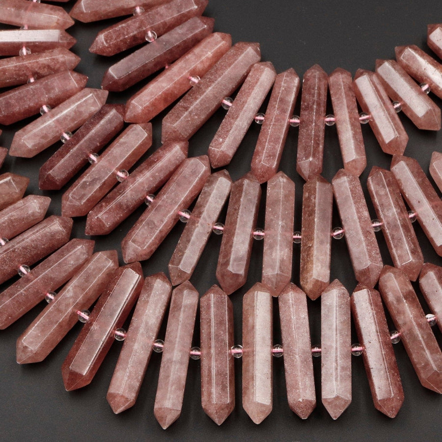 Natural Strawberry Quartz Double Terminated Point Beads Large Long Faceted Focal Pendant Center Drilled Mauve Red Point 16" Strand