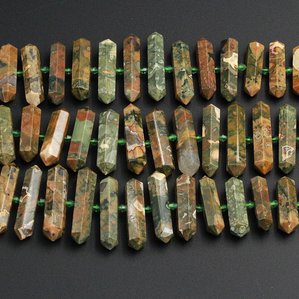 AAA Natural Rainforest Rhyolite Jasper Faceted Double Terminated Pointed Tips Center Drilled Large Healing Focal Pendant Bead 16" Strand