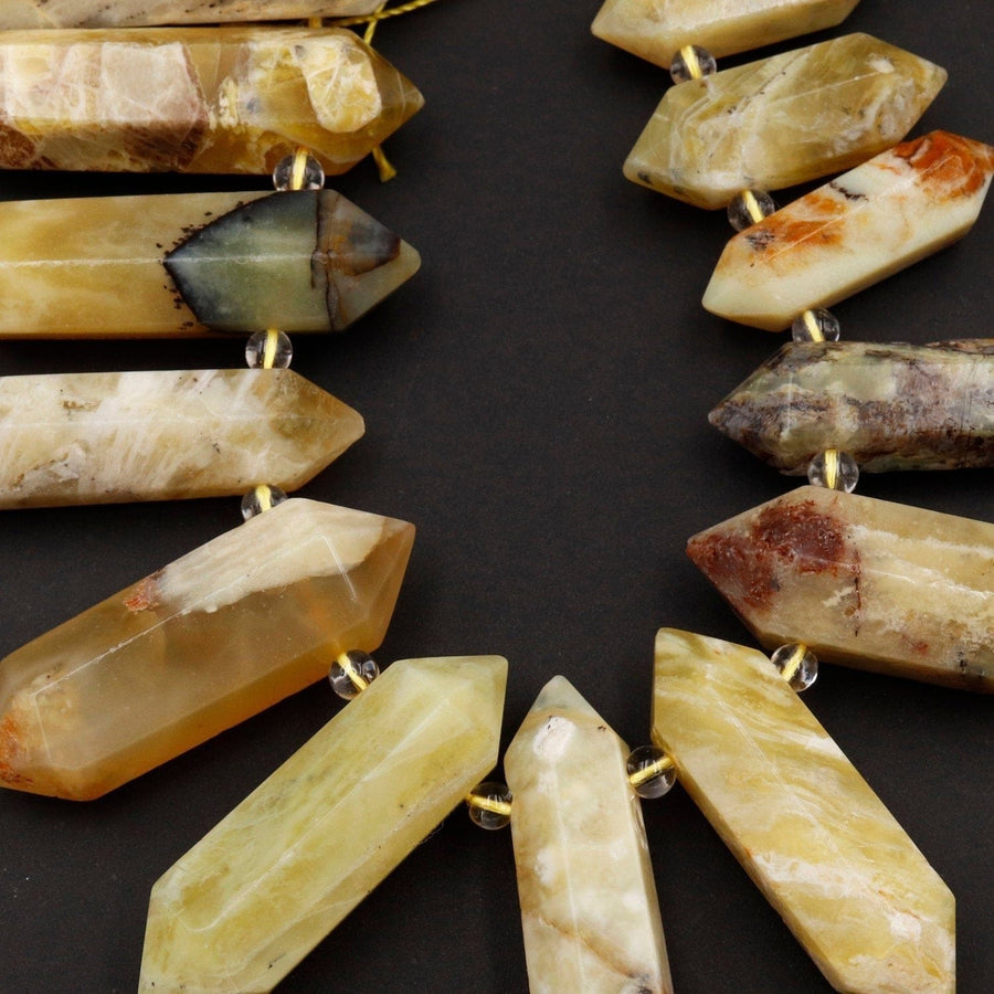 Large Natural African Yellow Opal Beads Faceted Double Terminated Points Healing Focal Pendant Top Side Drilled Bicone Bullet 16" Strand