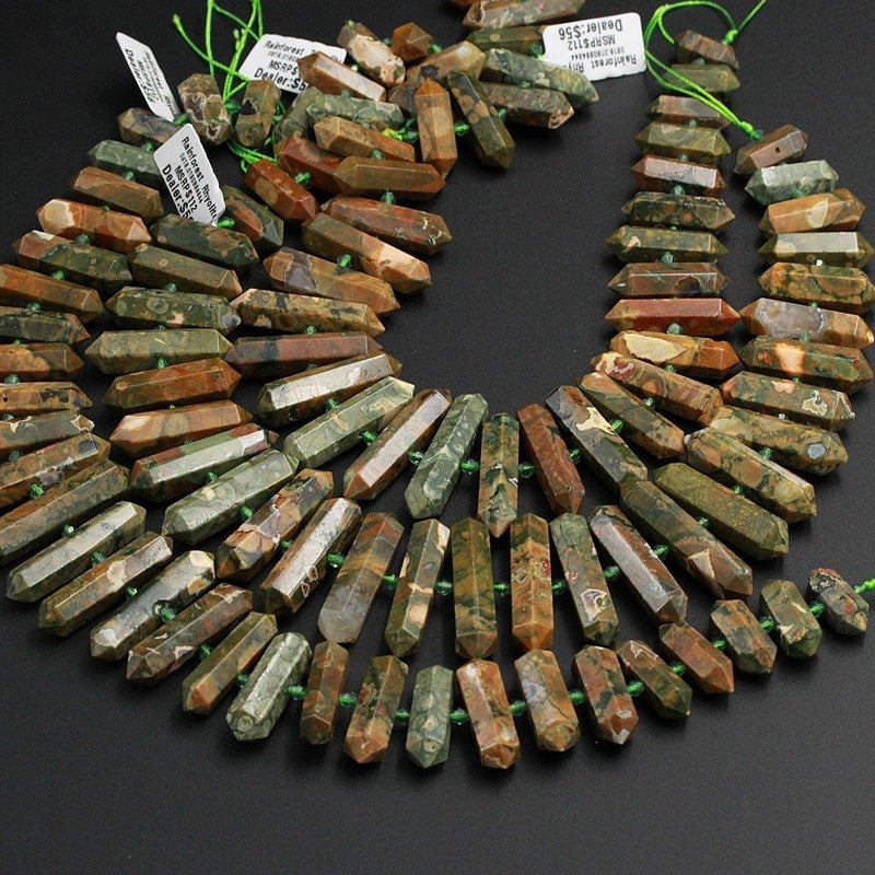 AAA Natural Rainforest Rhyolite Jasper Faceted Double Terminated Pointed Tips Center Drilled Large Healing Focal Pendant Bead 16" Strand