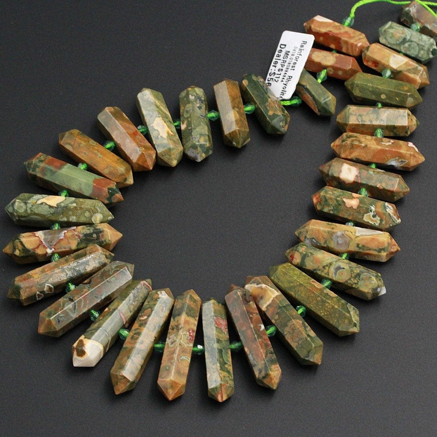 AAA Natural Rainforest Rhyolite Jasper Faceted Double Terminated Pointed Tips Center Drilled Large Healing Focal Pendant Bead 16" Strand