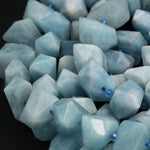 Geometric Cut Natural Blue Aquamarine Faceted Nuggets Chunky Freeform Rectangle Beads Real Genuine Aquamarine Gemstone 16" Strand