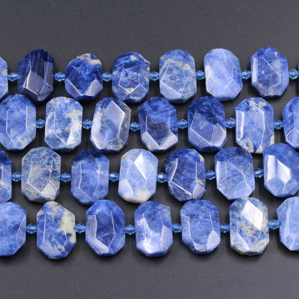 Natural Denim Blue Sodalite Beads Large Flat Octagon Faceted Chiseled Rectangle Slice Nuggets Designer Cut Blue Gemstone 16" Strand