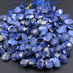 Natural Denim Blue Sodalite Beads Large Flat Octagon Faceted Chiseled Rectangle Slice Nuggets Designer Cut Blue Gemstone 16" Strand