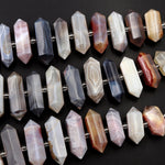 Natural Botswana Agate Beads Faceted Double Terminated Points Amazing Veins Bands Large Long Pendant Top Side Drilled Bead Bullet 16" Strand