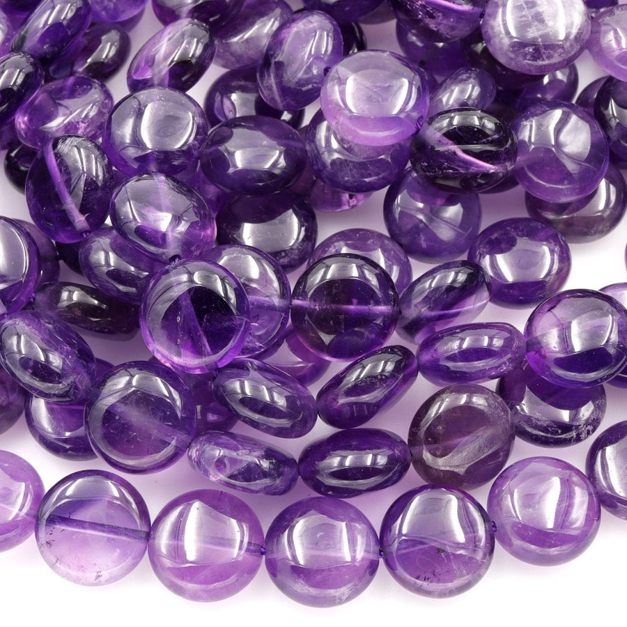 AA Natural Amethyst Coin Beads Puffy Coin 10mm 12mm Nugget Good For Earrings Genuine Real Rich Purple Amethyst Gemstone Beads 16" Strand