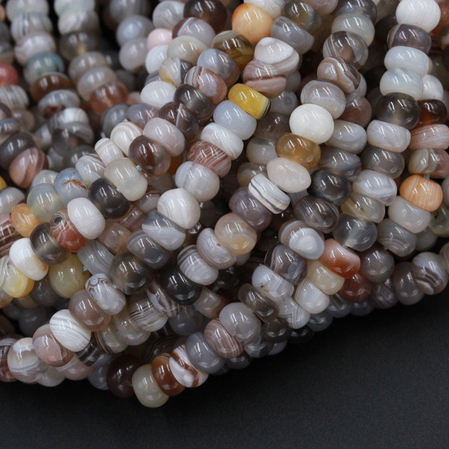 Natural Botswana Agate 6mm Rondelle Small Wheel Saucer Earthy Smoky Gray Creamy White Yellow Red Banded Agate Beads 16" Strand
