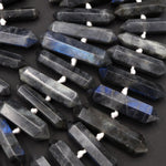 Natural Labradorite Beads Faceted Double Terminated Point Bullet Long Center Drilled Focal Black Blue Labradorite Pendant Bead 16" Strand