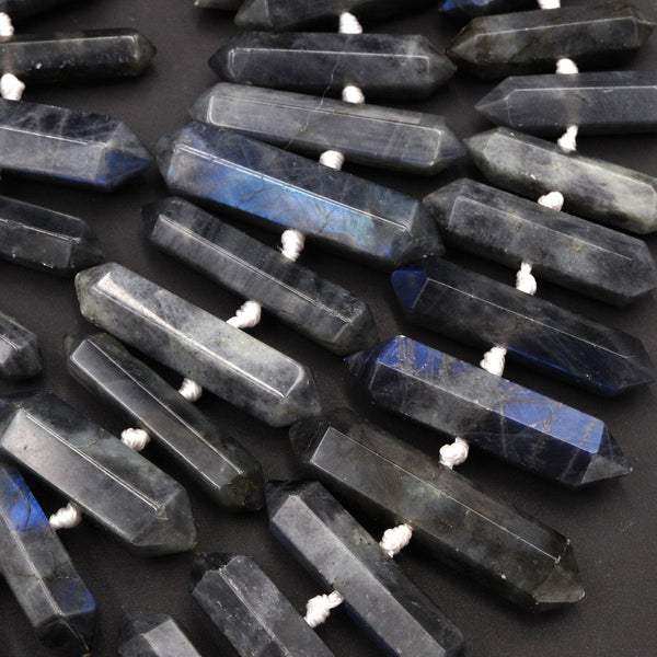 Natural Labradorite Beads Faceted Double Terminated Point Bullet Long Center Drilled Focal Black Blue Labradorite Pendant Bead 16" Strand
