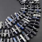 Natural Labradorite Beads Faceted Double Terminated Point Bullet Long Center Drilled Focal Black Blue Labradorite Pendant Bead 16" Strand