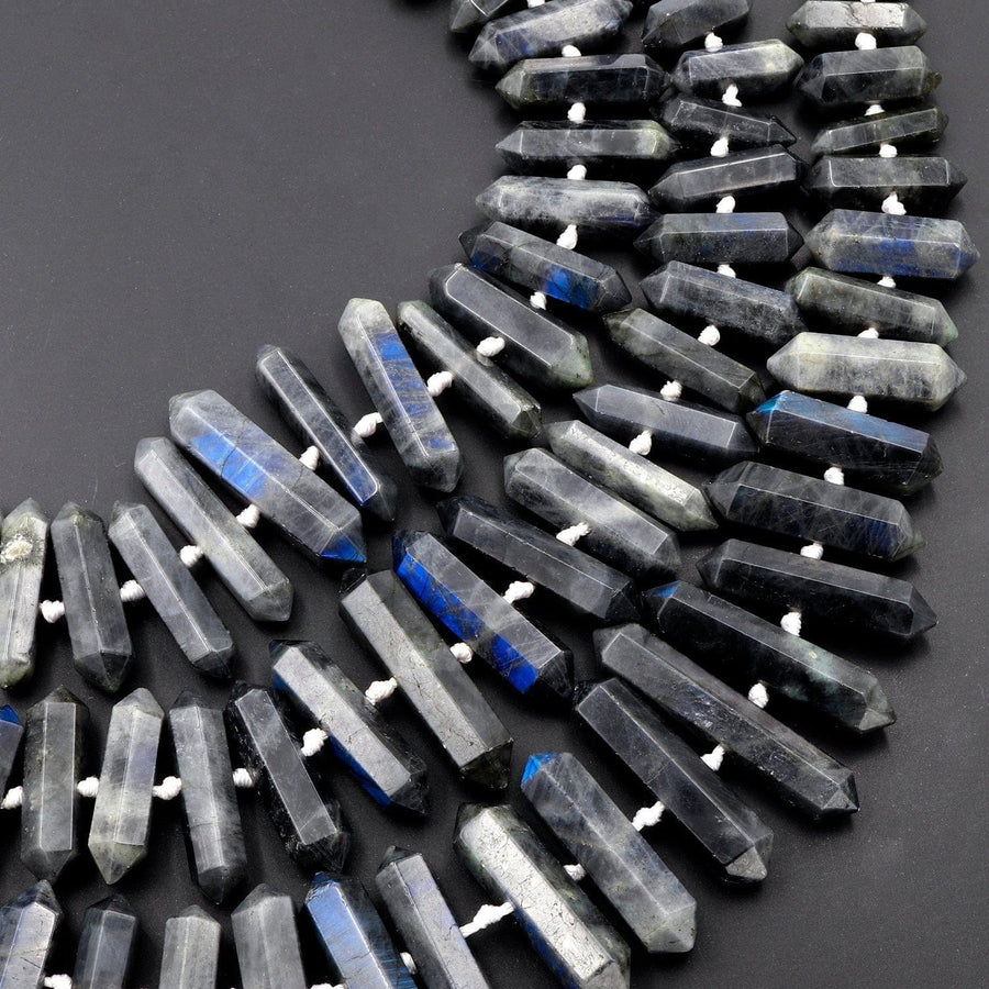 Natural Labradorite Beads Faceted Double Terminated Point Bullet Long Center Drilled Focal Black Blue Labradorite Pendant Bead 16" Strand