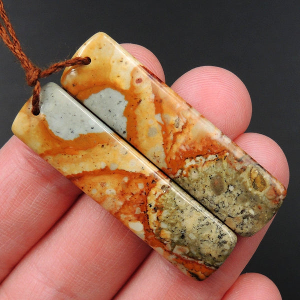 Drilled Natural Owyhee Picture Jasper Earring Pair Gemstone Drilled Cabochon Cab Pair Rectangle Matched Earring Bead Pair From Oregon E3440