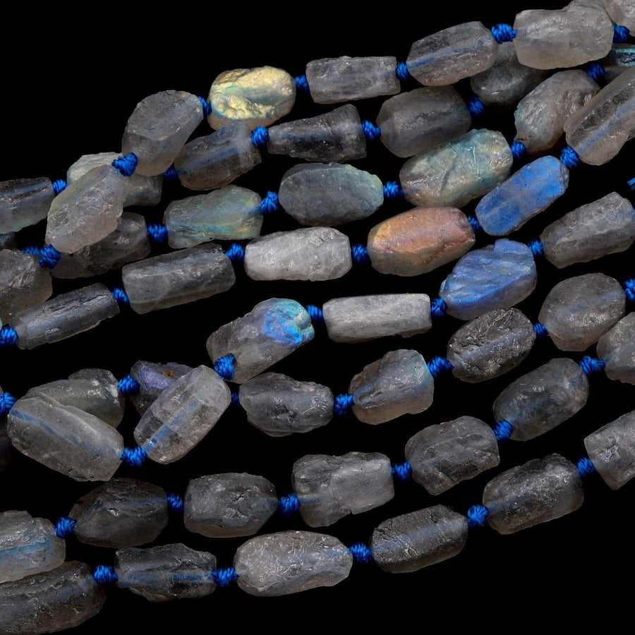 Organic Cut Rough Raw Unpolished Matte Natural Labradorite Beads Oval Nuggets Flashy Labradorite 16" Strand