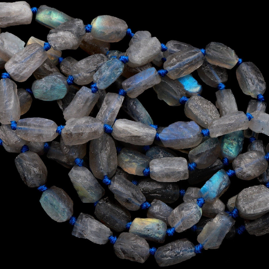 Organic Cut Rough Raw Unpolished Matte Natural Labradorite Beads Oval Nuggets Flashy Labradorite 16" Strand