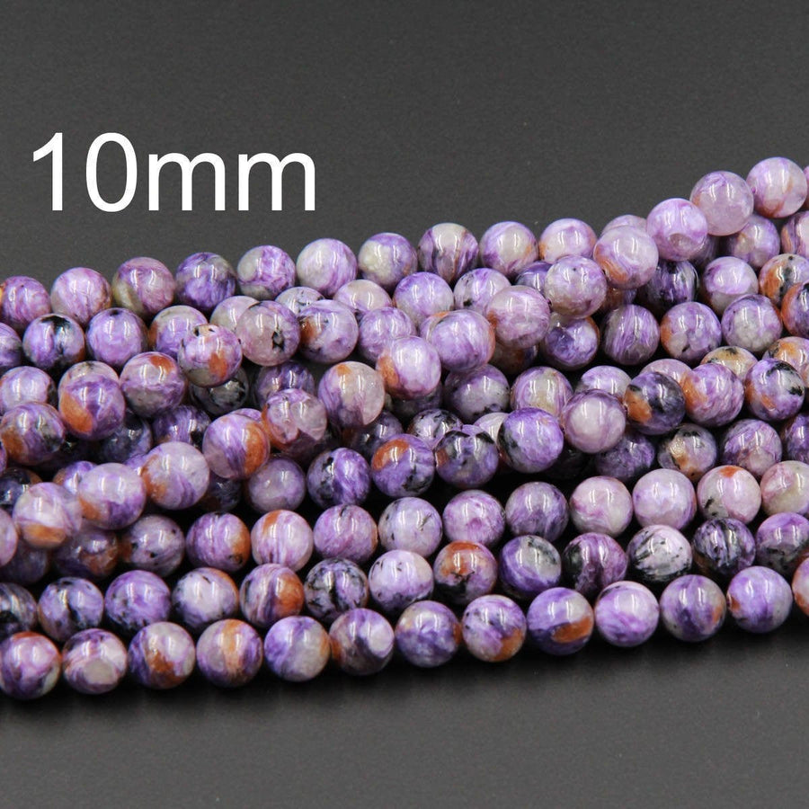 A Grade Natural Charoite Round Beads Purple Russian Charoite 6mm Round 8mm Round 10mm 12mm 14mm W Orange Garnet Matrix beads 16" Strand