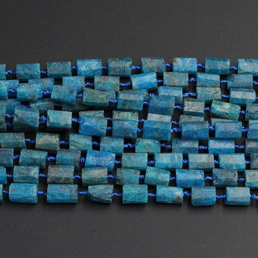 Matte Natural Blue Apatite Tube Nugget Raw Rough Frosty Organic Beads Faceted Rectangle Cylinder Natural Teal Blue Gemstone Full 16" Strand