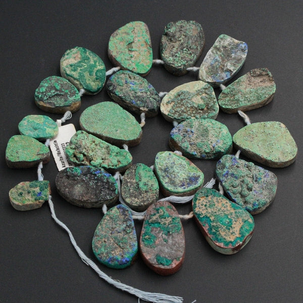 Rare Azurite Malachite Drusy Druzy Teardrop Bead Raw Rough Natural Blue Azurite Green Malachite Teardrop Pendant Top Side Drilled 16" Strand