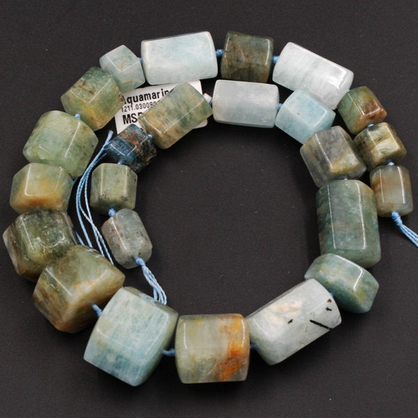 Large Natural Aquamarine Beryl Blue Green Faceted Cylinder Fancy Hexagon Tube Barrel Bead Unique Cut Designer Raw Organic Beads 16" Strand