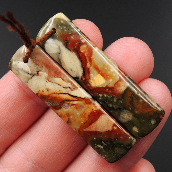 Drilled Natural Owyhee Picture Jasper Earring Pair Gemstone Drilled Cabochon Cab Pair Rectangle Matched Earring Bead Pair From Oregon E3372
