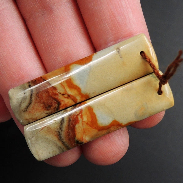 Drilled Natural Owyhee Picture Jasper Earring Pair Gemstone Drilled Cabochon Cab Pair Rectangle Matched Earring Bead Pair From Oregon E3369