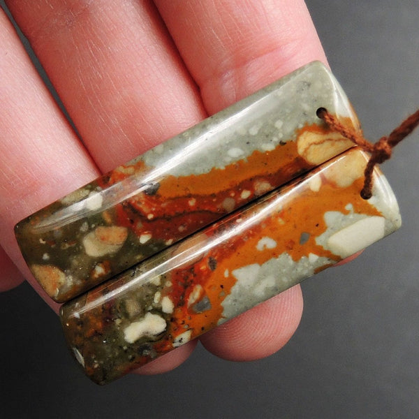 Drilled Natural Owyhee Picture Jasper Earring Pair Gemstone Drilled Cabochon Cab Pair Rectangle Matched Earring Bead Pair From Oregon E3363