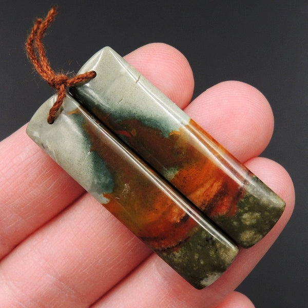 Drilled Natural Owyhee Picture Jasper Earring Pair Gemstone Drilled Cabochon Cab Pair Rectangle Matched Earring Bead Pair From Oregon E3373