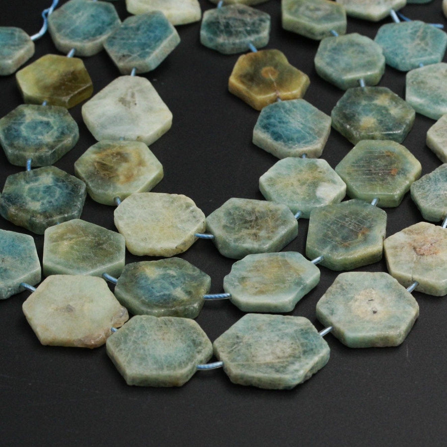 Large Natural Raw Aquamarine Hexagon Slice Beads Nuggets Freeform Star Cut Blue Green Gemstone Earthy Beads Organic Cut Beads 16" Strand