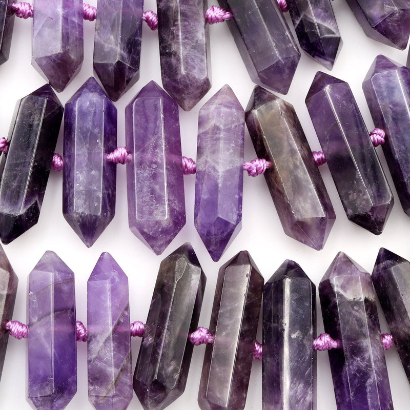 Natural Purple Amethyst Faceted Double Terminated Pointed Beads Center Drilled Large Healing Amethyst Crystal Focal Pendant 16" Strand