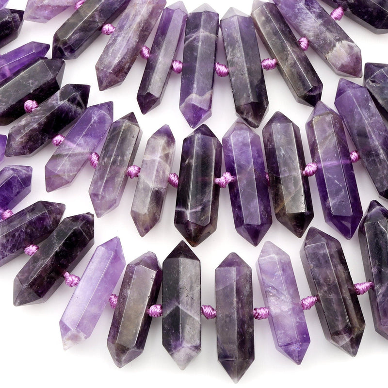 Natural Purple Amethyst Faceted Double Terminated Pointed Beads Center Drilled Large Healing Amethyst Crystal Focal Pendant 16" Strand