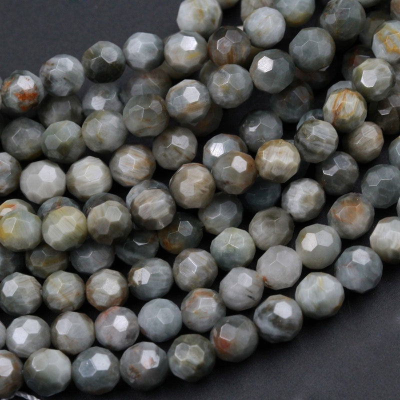 Eagle Eye Beads Faceted 6mm Round Beads Natural Chatoyant Silvery Grey Slate Earthy High Quality Wholesale 16" Strand