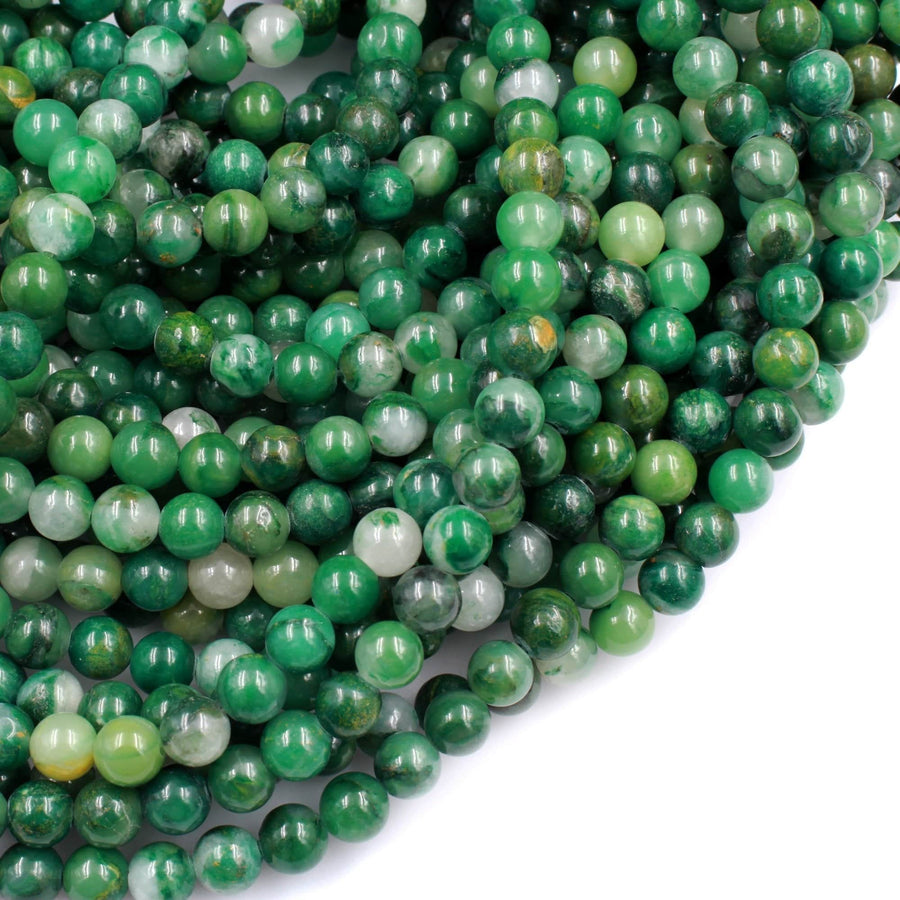 Natural African Green Jade Beads 4mm 6mm 8mm 10mm Round Smooth Green Jade W White Quartz Gemstone Beads 16" Strand