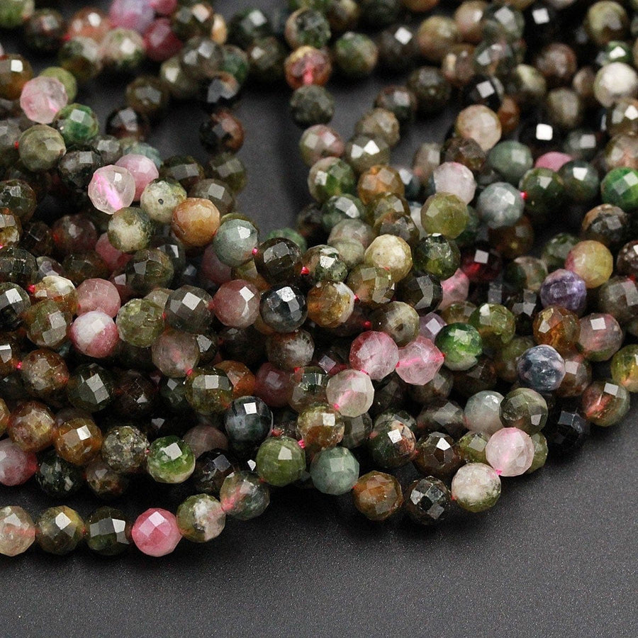 Micro Faceted Natural Multicolor Tourmaline 5mm Faceted Round Beads Green Yellow Brown Pink Tourmaline Gemstone Diamond Cut 16" Strand