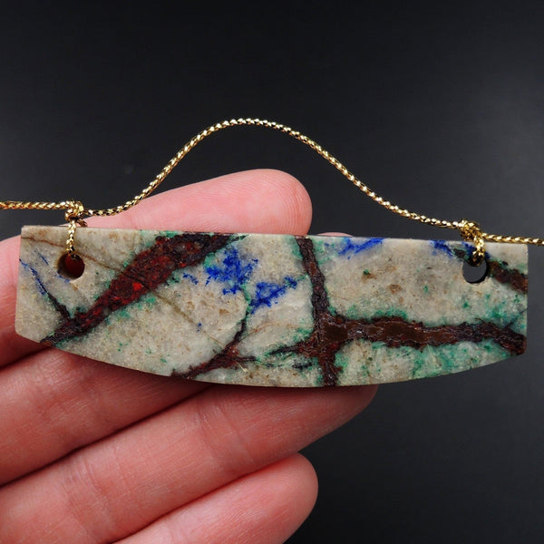 From the Old Arizona Copper Mine~ Natural Copper in Chrysocolla W Azurite Matrix Drilled Long Sheild Saddle Locket Pendant P2082