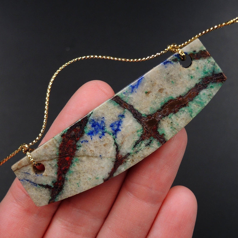 From the Old Arizona Copper Mine~ Natural Copper in Chrysocolla W Azurite Matrix Drilled Long Sheild Saddle Locket Pendant P2082