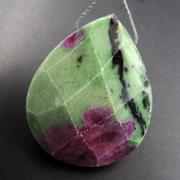 Large Natural Ruby Zoisite Pendant Faceted Teardrop Side Drilled Pendant Bead Pink Red Ruby in Green Zoisite Gemstone Pendant P2069