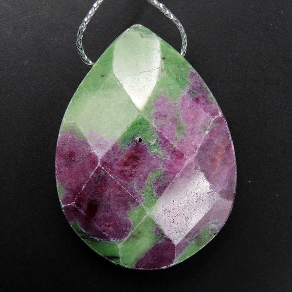 Large Natural Ruby Zoisite Pendant Faceted Teardrop Side Drilled Pendant Bead Pink Red Ruby in Green Zoisite Gemstone Pendant P2068