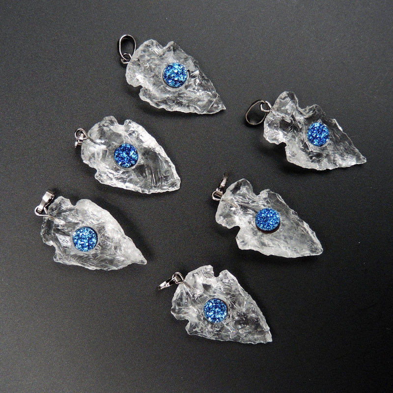 Natural Rough Raw Rock Quartz Pendants With Blue Druzy Center Hand Hammered Arrowhead Pendant Focal Bead