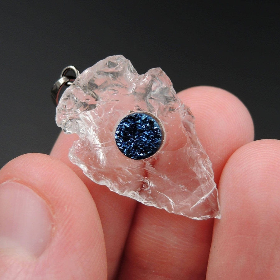 Natural Rough Raw Rock Quartz Pendants With Blue Druzy Center Hand Hammered 1 Inch Arrowhead Pendant Focal Bead